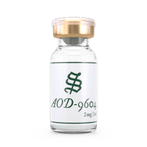 A clear glass vial labeled AOD-9604 with a gold cap (2mg/1ml) stands upright on a plain background.