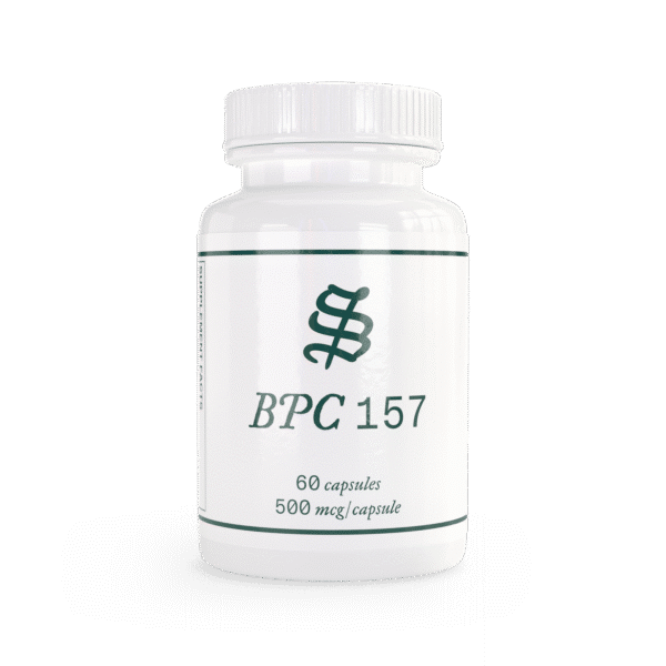 A white bottle labeled BPC-157 (Body Protection Compound) features 60 capsules of 500 mcg each and a stylized logo on the front.
