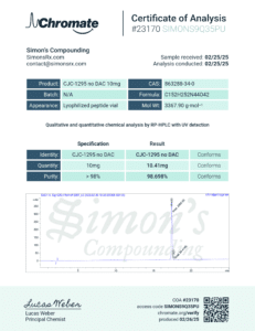 Certificate of Analysis for CJC-1295/Ipamorelin (No DAC) Blend, batch N/A, reports purity at 98.96%, quantity as 10.41mg, and details appearance; includes company info, signatures, and a QR code at the bottom.