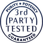 A circular stamp reads Purity • Potency • 3rd Party Tested • Guaranteed in blue capital letters.