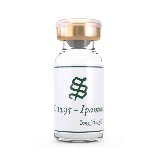 A clear glass vial with a gold cap, labeled “CJC-1295/Ipamorelin (No DAC) Blend 5mg/5mg,” containing white powder at the bottom.