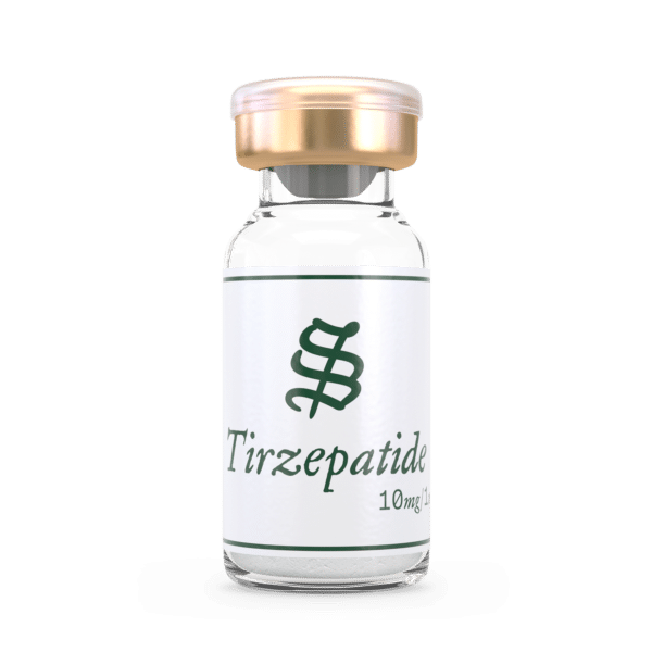 A small glass vial with a gold cap labeled Tirzepatide 10 mg in black text, containing a white powder, on a plain background.