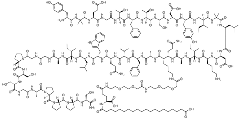 A detailed chemical structure of Tirzepatide, a large and complex molecule, shows various atoms, labeled hydrogen, oxygen, and nitrogen, as well as rings and chains connected by lines representing chemical bonds.