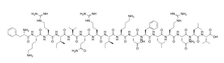 A structural diagram of the peptide LL-37, illustrating its amino acid sequence, side chains, and chemical bonds in a detailed two-dimensional skeletal formula.
