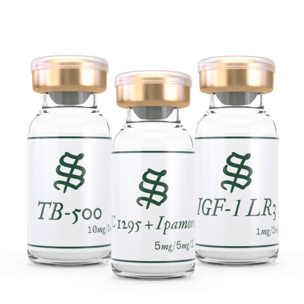The Lean Muscle Mass Peptide Stack includes three clear glass vials with gold caps labeled TB-500, C1295 + Ipamorelin, and IGF-1 LR3, each featuring dosage info and a green symbol on white labels.
