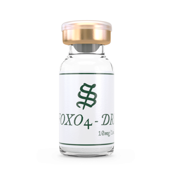 A small glass vial with a gold cap labeled “FOXO4-DRI 10mg/1mL,” displaying a green intertwined S logo on a white label, is set against a plain black background.