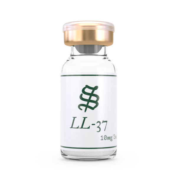 A clear glass vial with a gold cap labeled LL-37 contains 10mg/3mL of a colorless liquid. The white label displays a green stylized logo.