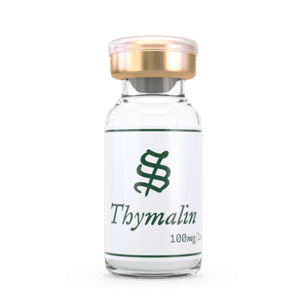 A clear glass vial labeled Thymalin with a gold and white cap, containing 100 mg of product, stands upright on a plain background.