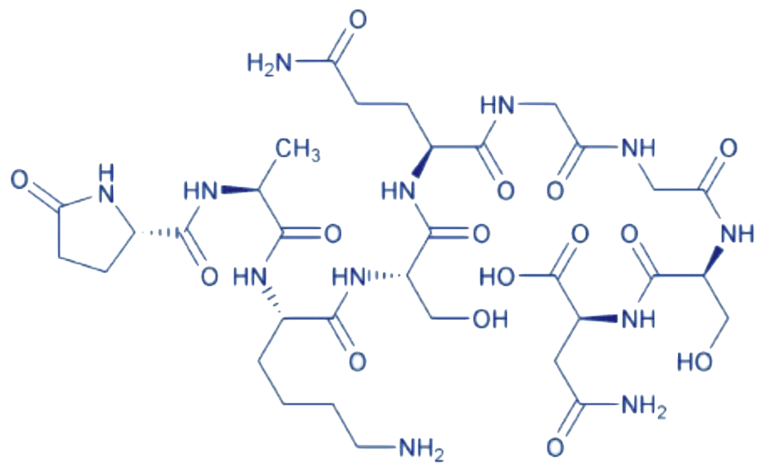 Structural diagram of the Thymalin molecule, highlighting its labeled atoms and chemical bonds in blue on a transparent background.
