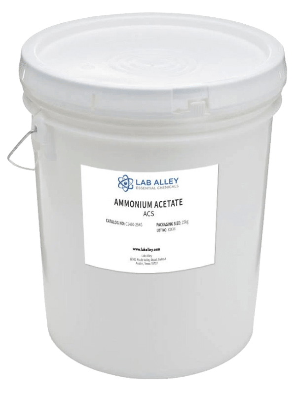 A white plastic pail labeled Ammonium Acetate, Crystals ACS Grade from Lab Alley features a handle, sealed lid, and a label detailing catalog and packaging information.