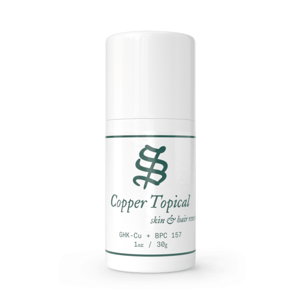 A white cylindrical container labeled GHK-Cu, 1oz / 30g, featuring a stylized logo on the front.