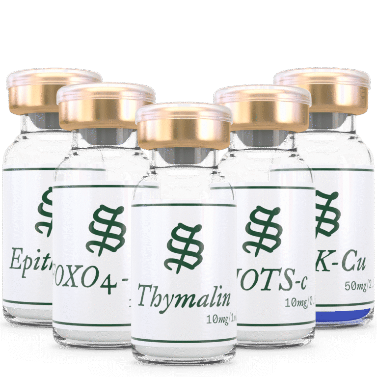 Five small glass vials with gold caps, each labeled with different peptide names: Epitalon, FOXO4-DRI, Thymalin, MOTS-c, and GHK-Cu.