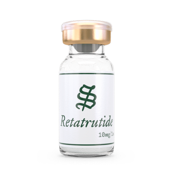 A glass vial of Retatrutide 10mg/1mL with a gold cap stands upright against a plain background.