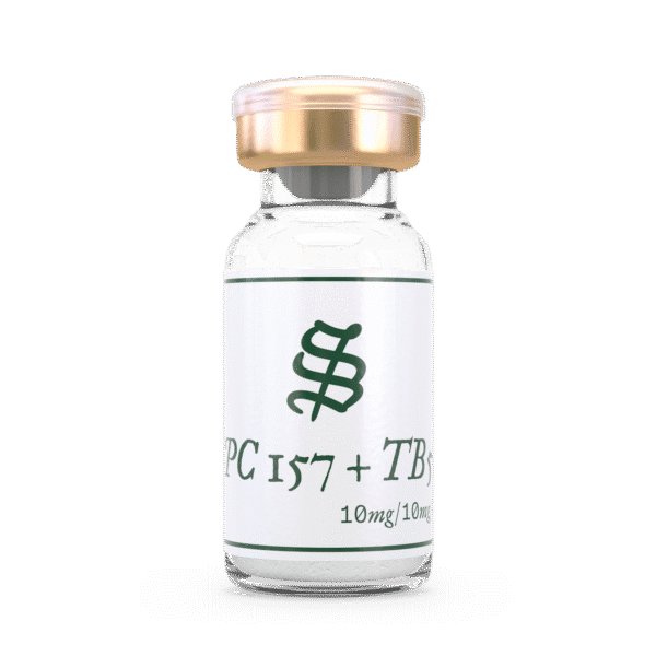 A small glass vial with a gold cap labeled BPC-157 / TB-500, 10mg/10ml, on a white background.