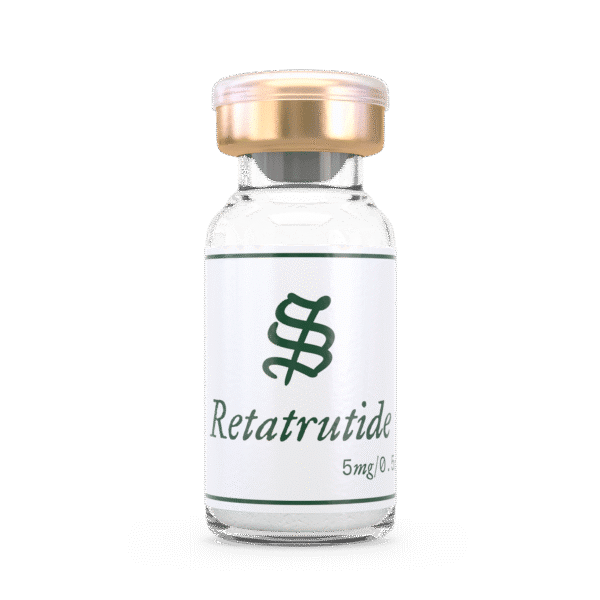 A clear glass vial with a gold cap labeled Retatrutide 5mg against a black background.