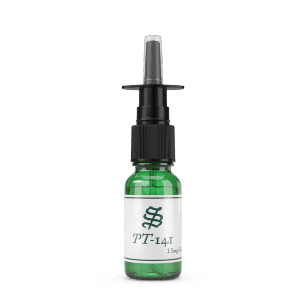 A green glass nasal spray bottle labeled Retatrutide 1.5mg/0.1ml with a black cap and white label, shown against a white background.
