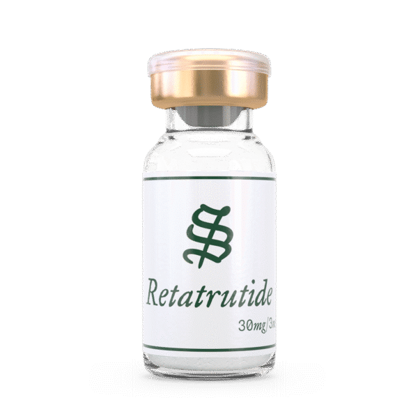 A clear glass vial labeled Retatrutide with a gold cap (24mg/2.4ml) stands upright on a plain background.