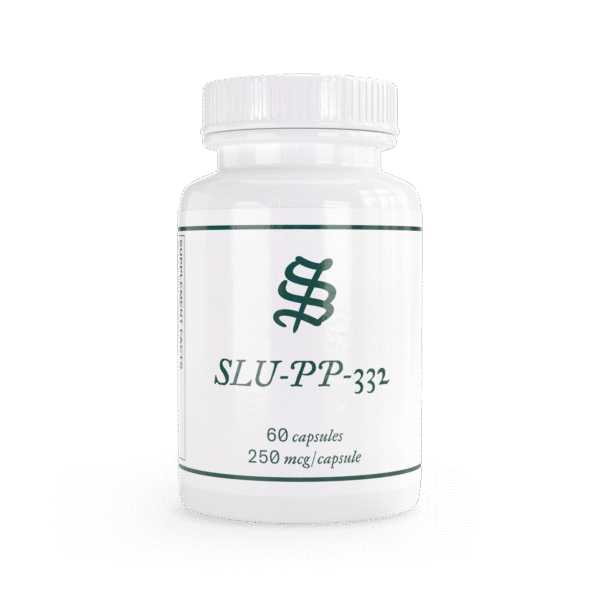 A white bottle labeled SLU-PP-332 250 mcg Capsules, containing 60 capsules, is displayed against a plain background.