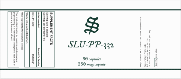 A white label with green borders displays SLU-PP-332 250 mcg Capsules, supplement facts, dosage instructions, and a stylized section symbol at the top center.