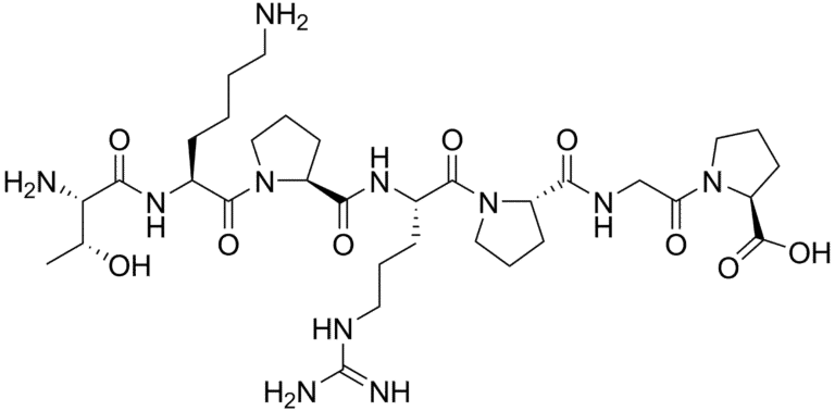 Chemical structure diagram of N-Acetyl Selank Amidate 15mg, illustrating its amino acid sequence and specific molecular bonds.