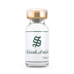 A small glass vial with a gold cap, labeled N-Acetyl Semax Amidate and 15mg/2ml, featuring a green decorative symbol on the front.